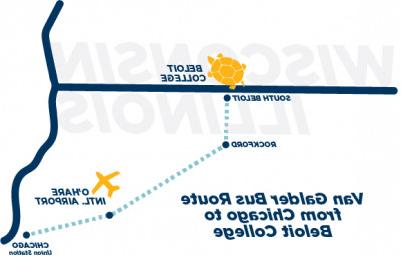 Map showing the Van Galder bus route from Chicago and O'Hare Airport to Beloit.